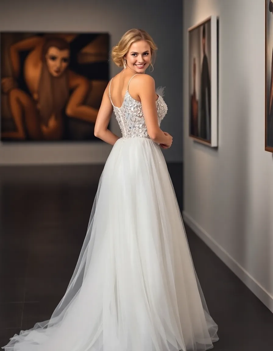 A bride in a gown with a sheer tulle skirt over a fitted sequined bodysuit, standing in a modern art gallery. The light catches the sequins, making her sparkle with every move.
