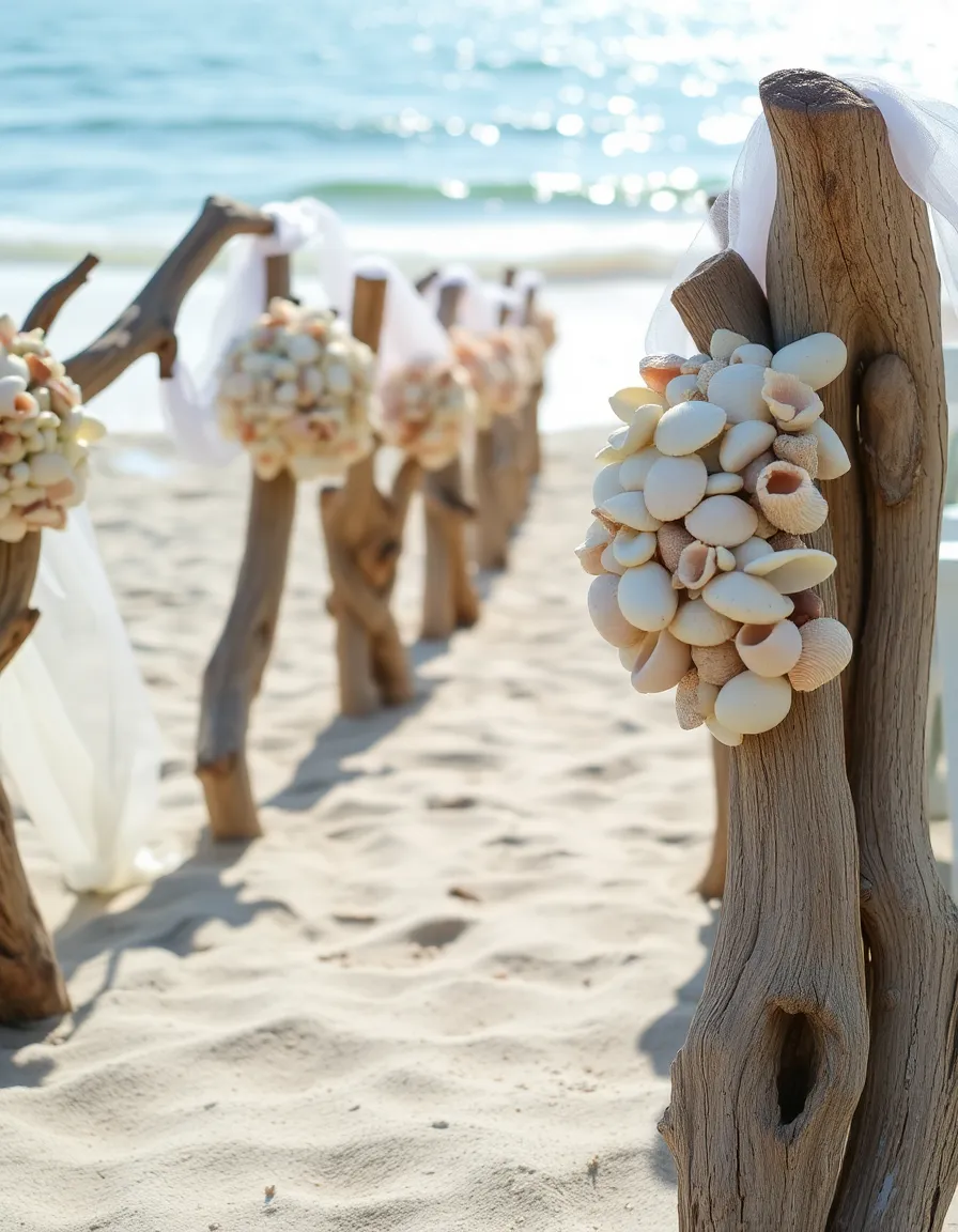 A sandy aisle lined with rustic driftwood pieces adorned with clusters of seashells. The shells vary in size and type, with some painted in soft pastels. The ocean glimmers in the background, and a sheer white fabric drapes gently over the driftwood.