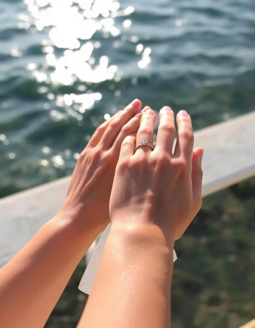 A bride’s hands, freshly moisturized and holding a delicate ring, resting on a linen napkin by the sea. The sunlight catches the ring and her glowing skin.