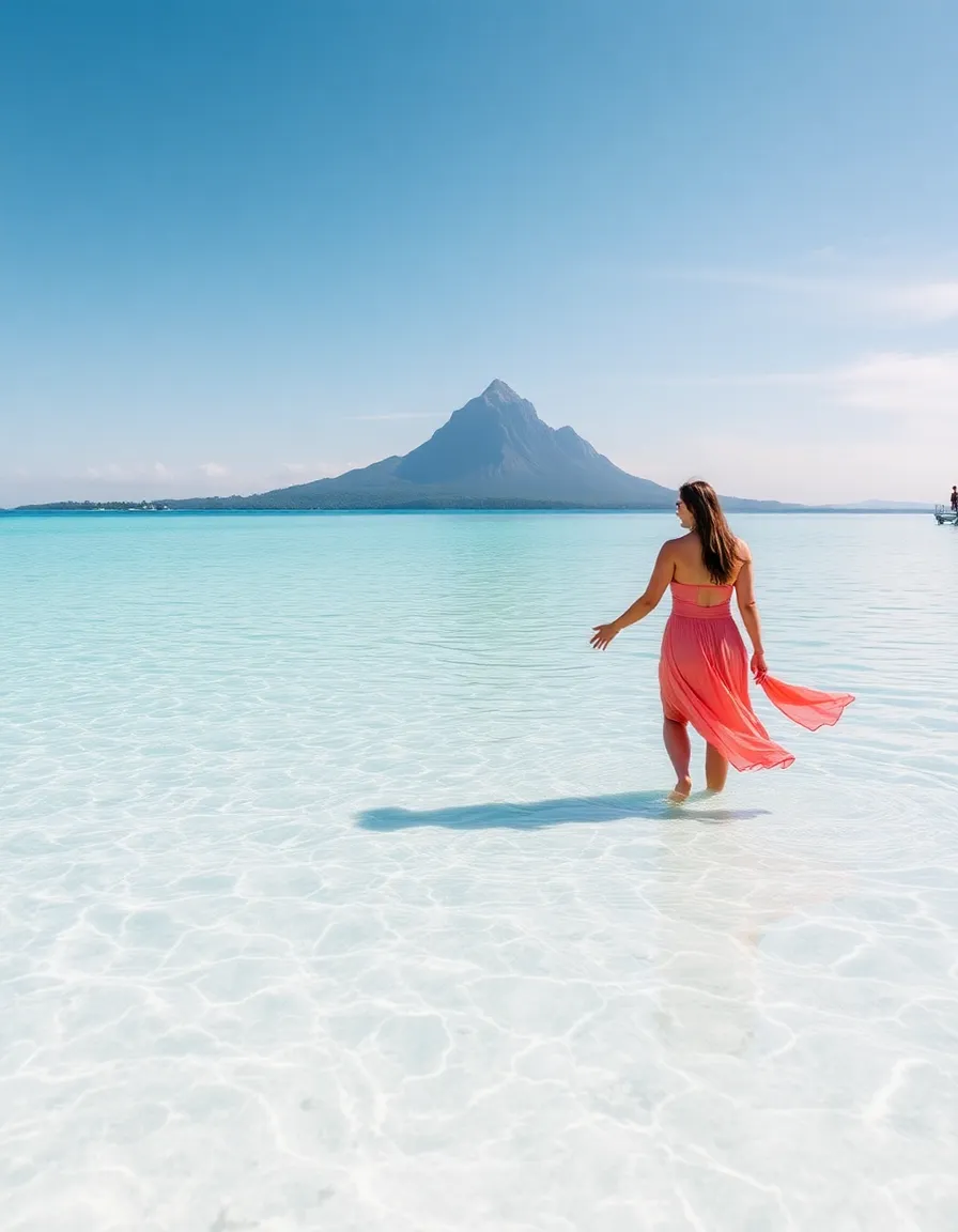 A couple holding hands as they walk into the shallow, crystal-clear water at Matira Beach, their reflections perfectly mirrored on the surface. The iconic Bora Bora peak is visible in the distance.