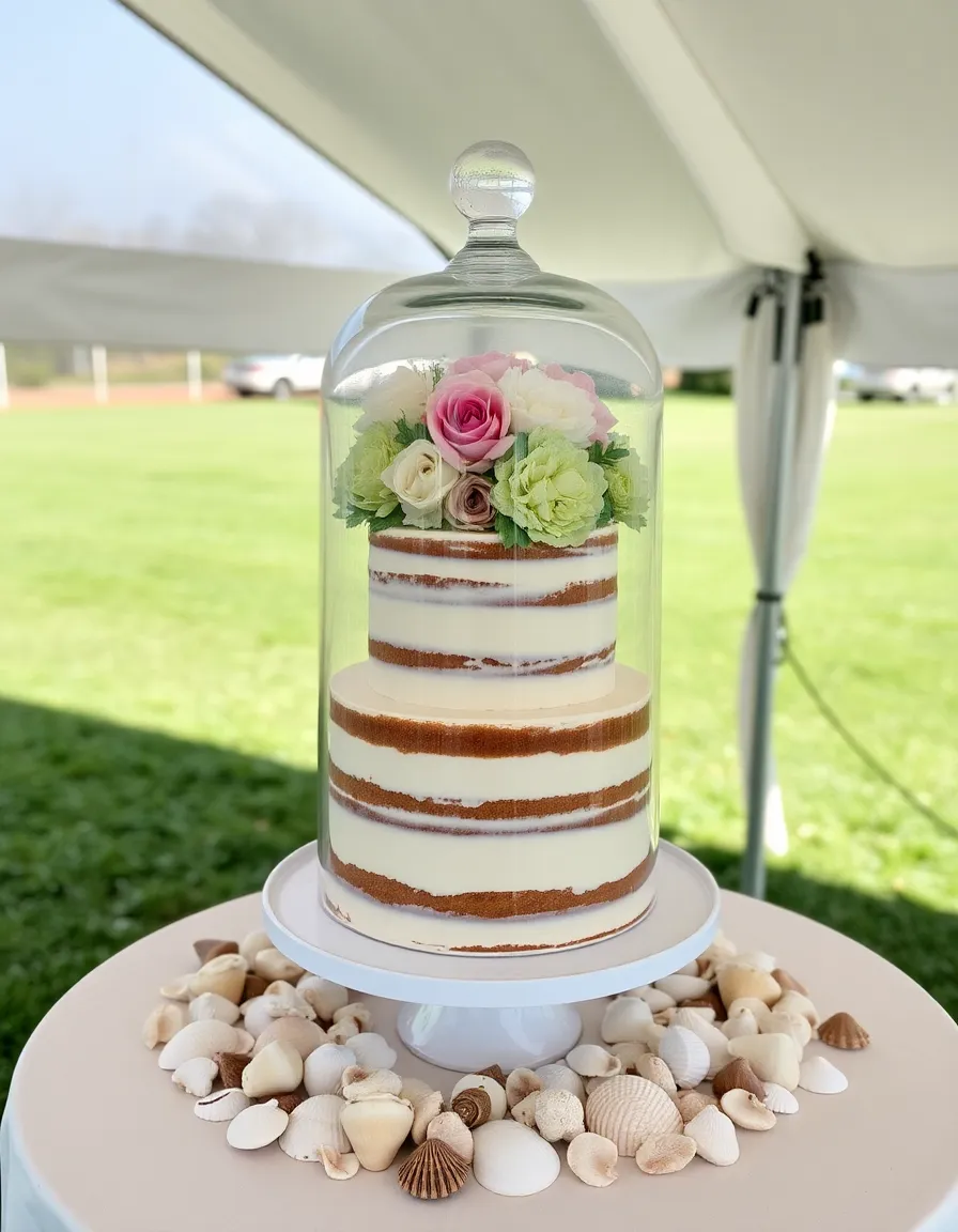 A stunning naked cake displayed under a glass cloche, decorated with fresh flowers and surrounded by seashells. The cake table is set up under a tent, protecting it from the breeze.