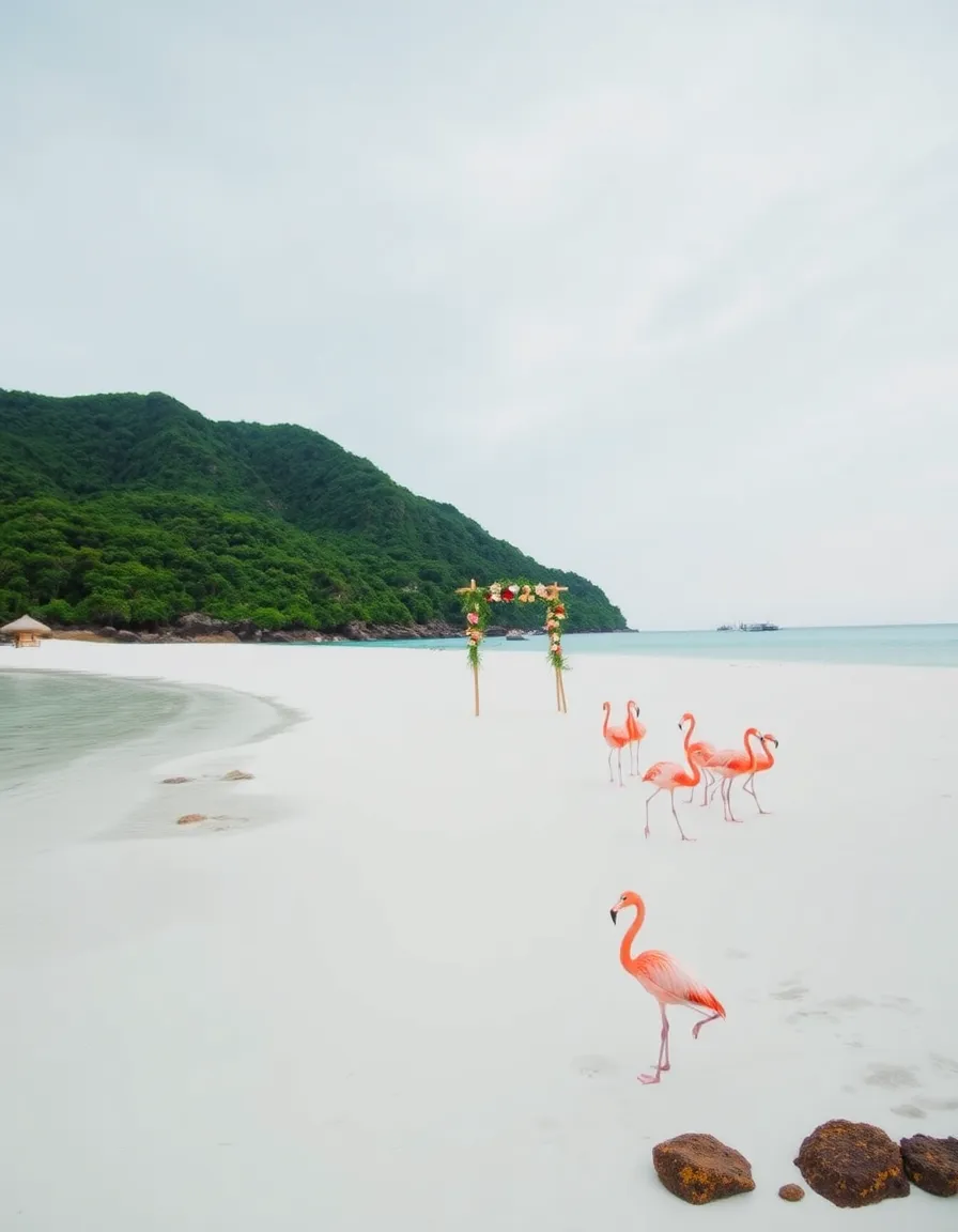 A secluded beach with powdery white sand and turquoise water, framed by lush green hills. A small wedding setup includes a wooden arch decorated with tropical flowers. A few flamingos wade in the shallow water nearby, adding a pop of pink to the scene.