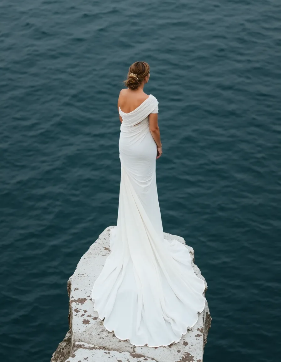 A bride standing on a stone ledge in a Grecian-style gown, the fabric draped artfully over one shoulder. The skirt pools around her feet, blending with the white rock beneath her. The sea below is a deep, moody blue.