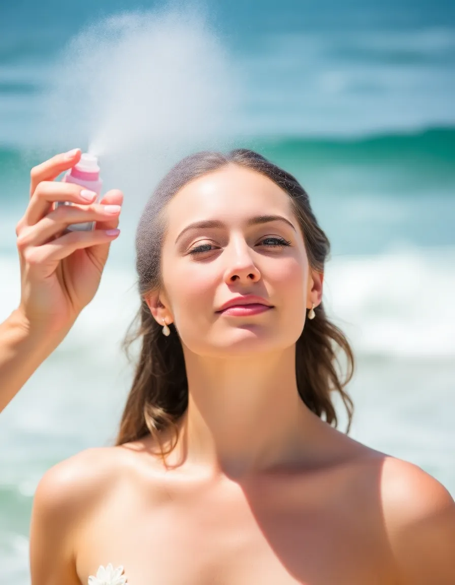A bride mid-spritz, catching the light with a fine mist around her face. The ocean waves crash in the background, and her skin looks fresh and hydrated.