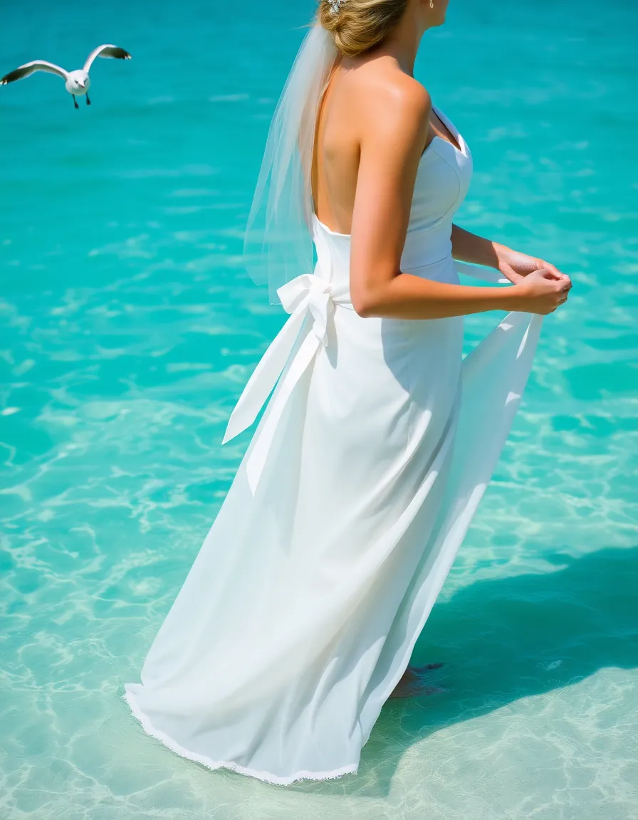 A bride tying the sash of her wrap-style dress while standing in shallow water, the skirt floating around her. The fabric is sheer at the edges, blending with the turquoise sea. A single seagull flies overhead.
