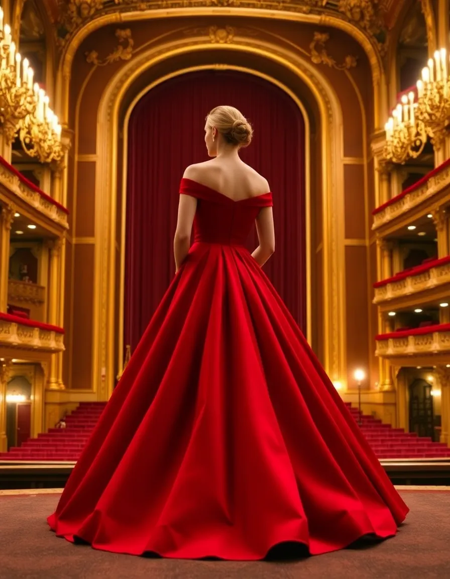 A bride in a deep red, off-the-shoulder gown with a full skirt, standing in a grand opera house. The rich color contrasts stunningly with the gold decor around her.