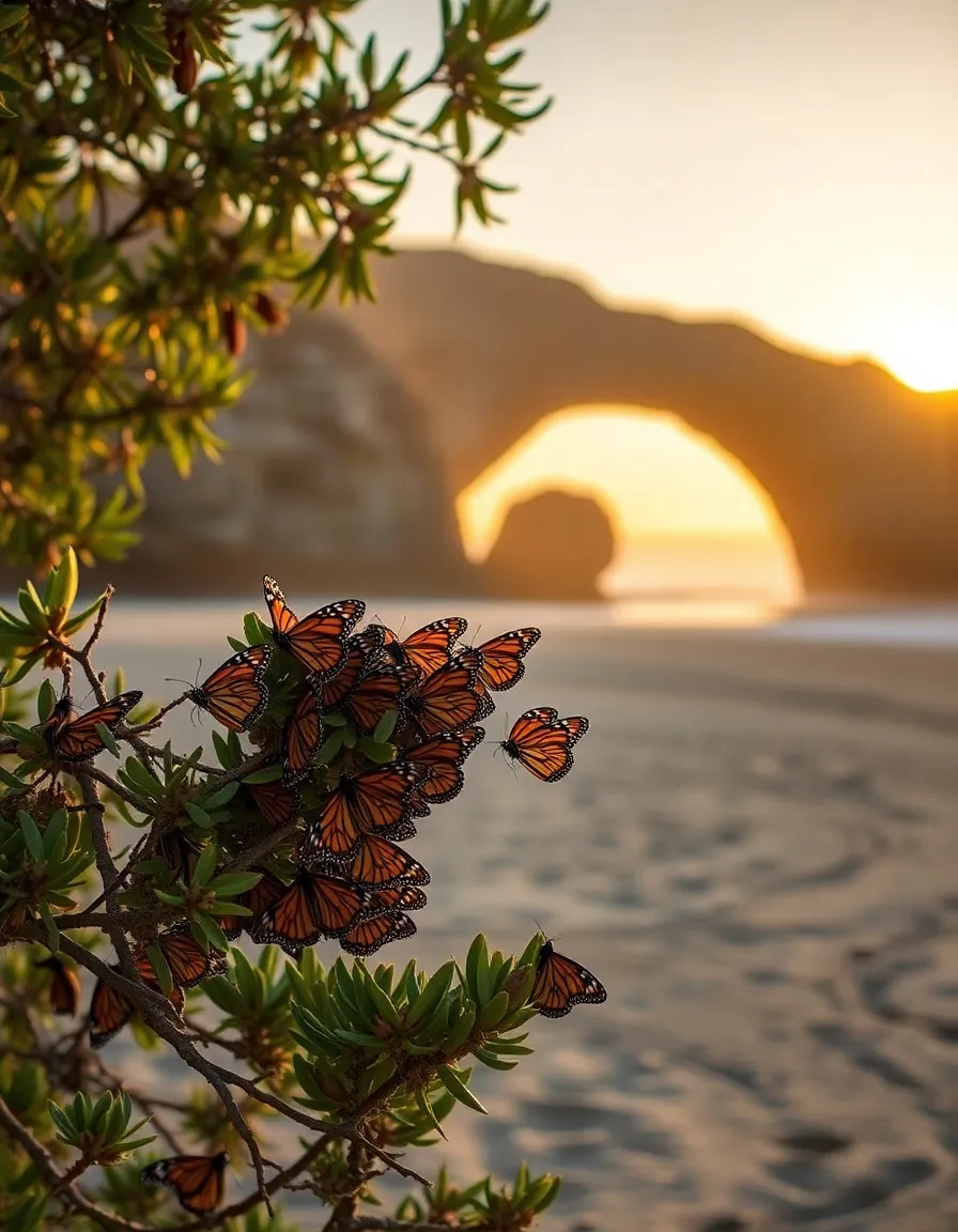 A wide shot of Natural Bridges State Beach at golden hour, with the namesake rock formation framing the horizon. Monarch butterflies cluster on eucalyptus branches in the foreground, their wings catching the light.