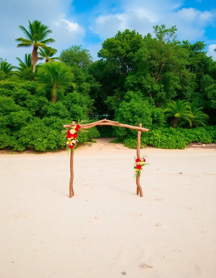 Wide shot of Playa Rincon’s empty shoreline, with a simple arch of driftwood and tropical flowers set up for a ceremony. The jungle meets the sand abruptly, creating a dramatic contrast.