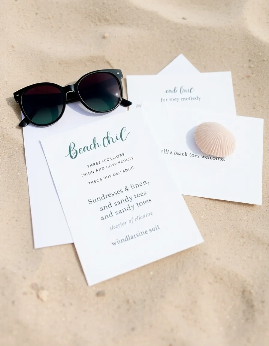 A playful invitation suite laid out on sand, with a detailed dress code card that reads "Beach Chic: Sundresses, linen, and sandy toes welcome!" A pair of sunglasses and a seashell rest on top.