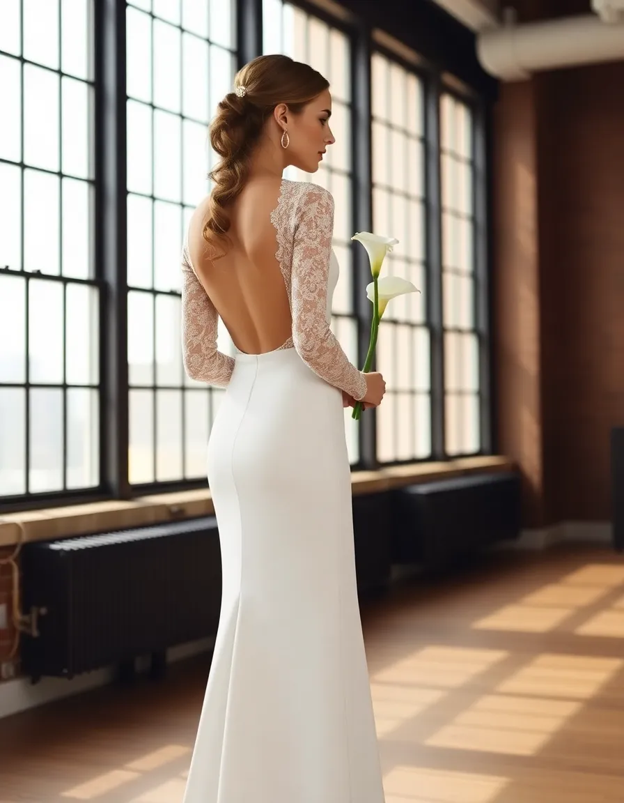 A minimalist bride in a crepe and lace gown, standing in a modern loft with floor-to-ceiling windows. The dress has a simple silhouette, with long lace sleeves and a low back. Her hair is in a sleek ponytail, and she’s holding a single white calla lily.