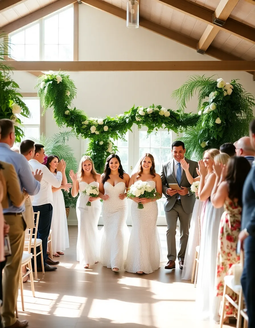 The wedding party walking in to "Best Day of My Life," smiling and waving at guests. The décor is fresh and summery, with lots of greenery and white flowers. Natural light streams in through large windows, giving the whole scene a warm, inviting glow.
