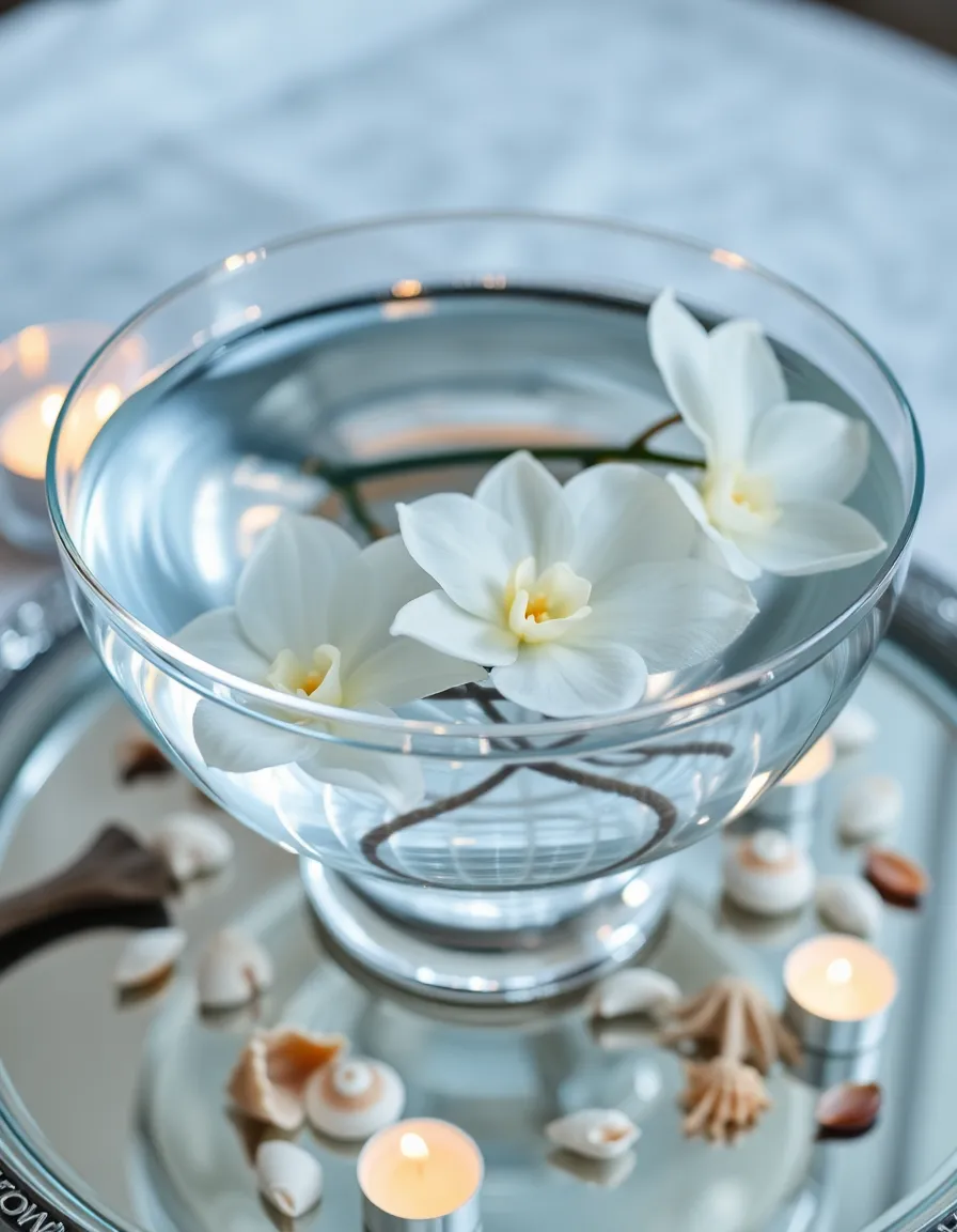 A crystal-clear glass bowl filled with water, where delicate white orchids float gracefully. The bowl sits on a mirrored tray, reflecting the flowers and scattered seashells. Soft candlelight enhances the ethereal vibe.