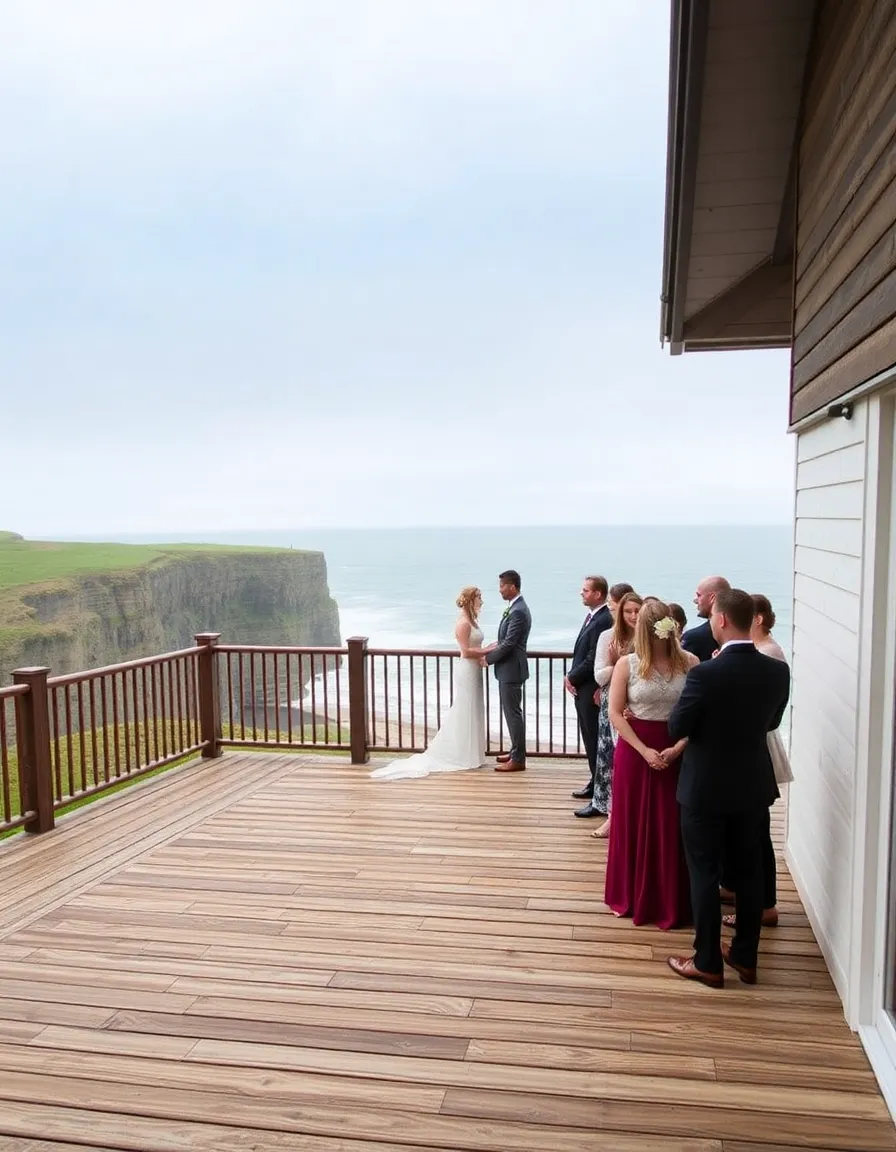 A rustic-chic wooden deck at The Scarlet Hotel, with a small wedding party gathered around a couple exchanging vows. The Atlantic Ocean crashes against the cliffs below, and the sky is moody with soft gray clouds.
