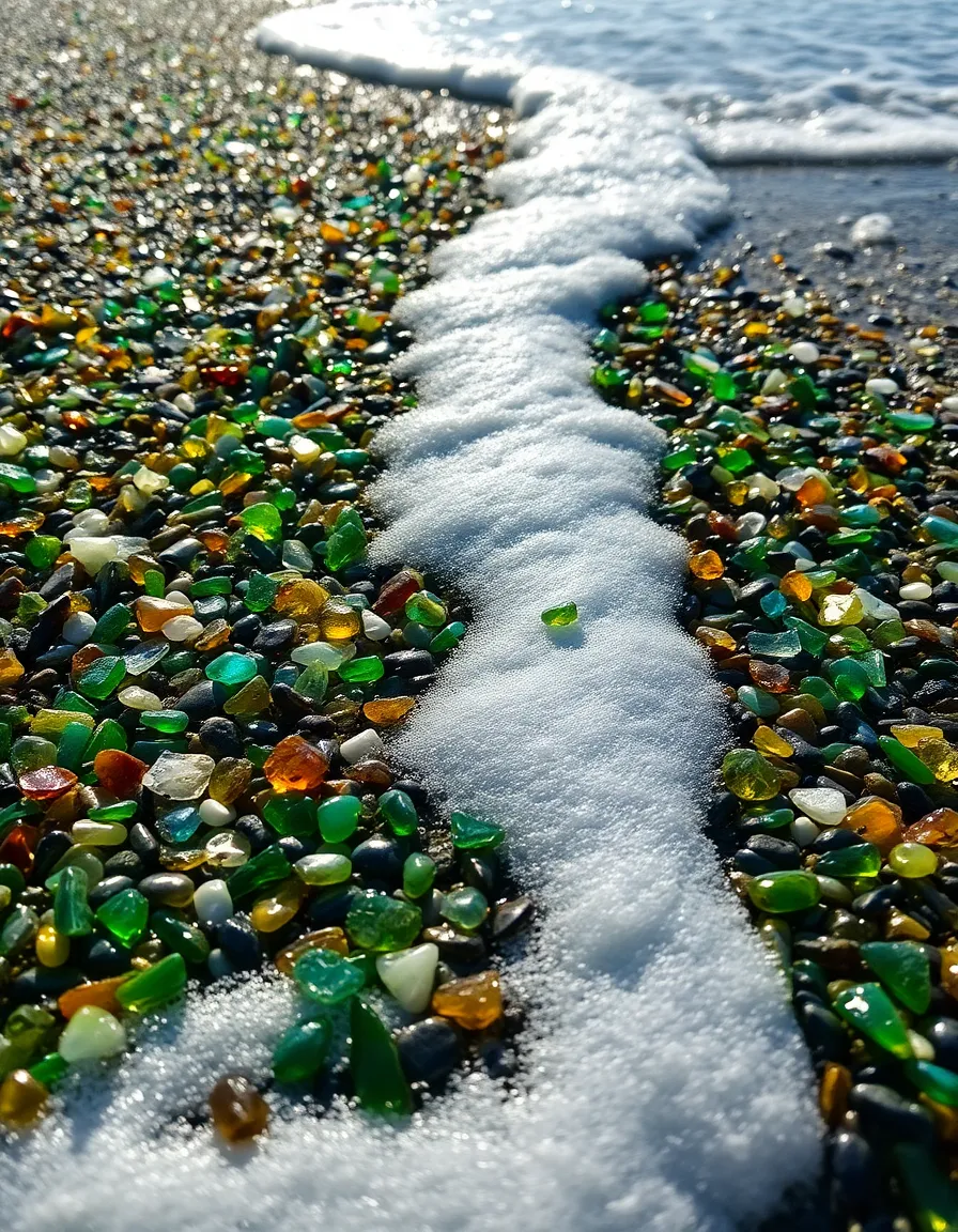 A close-up of Glass Beach’s shoreline, with thousands of sea-polished glass pieces in emerald, cobalt, and amber hues glinting in the sunlight. The ocean foam gently laps at the edges, creating a soft contrast.