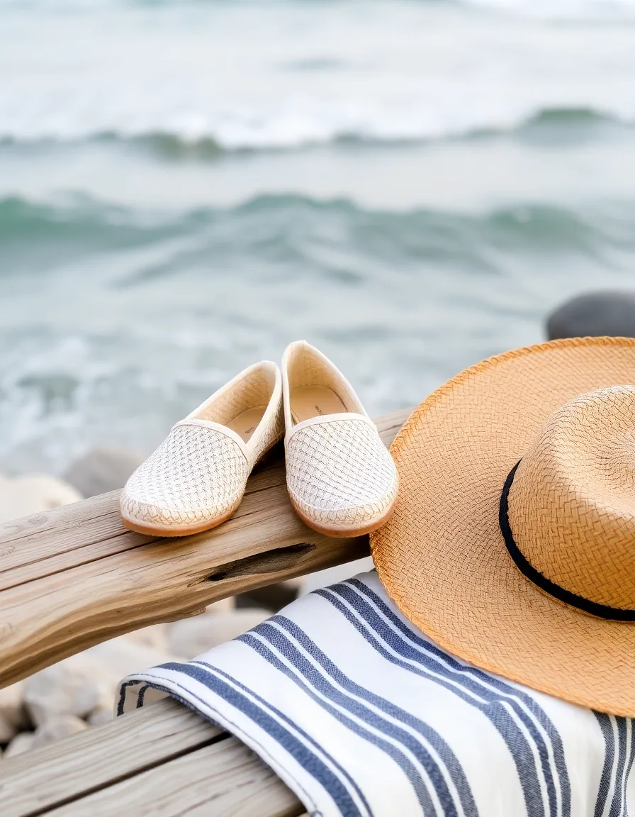 White woven espadrilles placed on a driftwood bench with a striped beach blanket and a straw hat beside them. The ocean is visible in the background, with gentle waves rolling in.