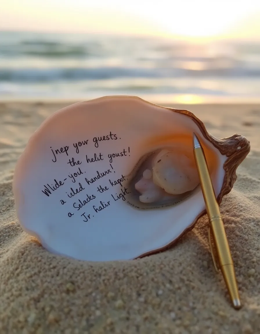 A large, pearly oyster shell resting on a bed of sand, with a gold pen beside it. A few handwritten messages from guests are visible on the shell’s smooth surface. The background is softly blurred, with hints of ocean waves and a setting sun.