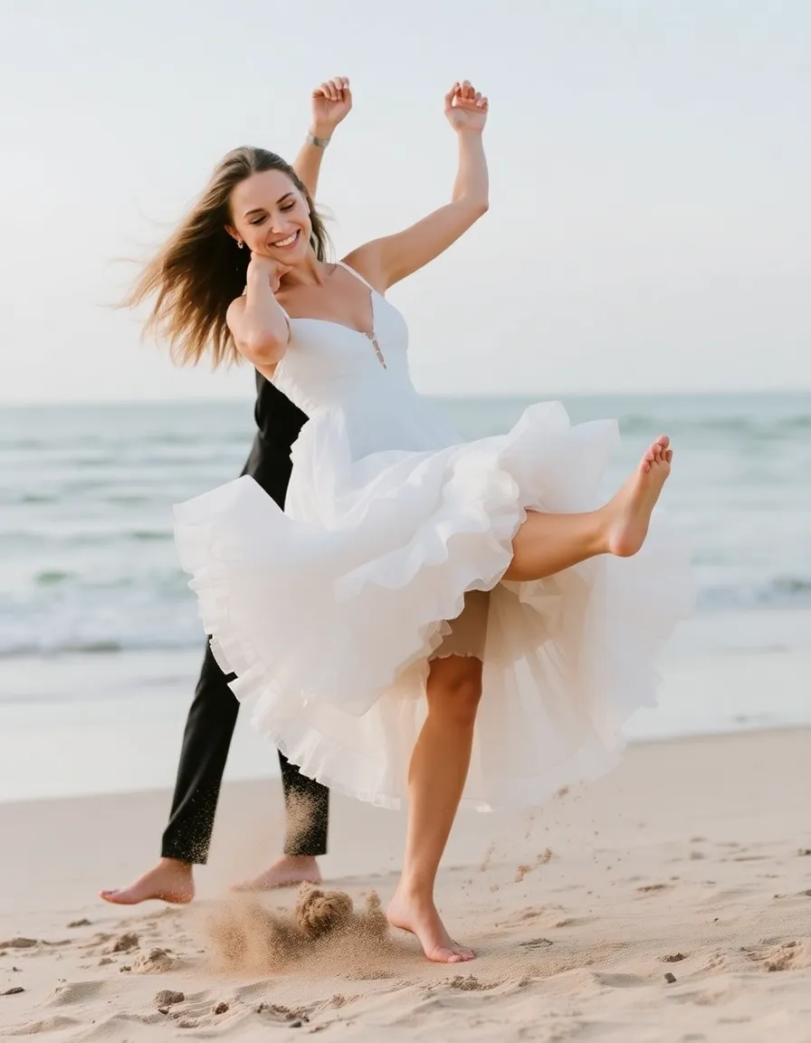 A joyful bride in a short, ruffled wedding dress kicking up sand as she dances with her partner. The dress’s playful silhouette contrasts with the serene ocean backdrop, capturing pure happiness.