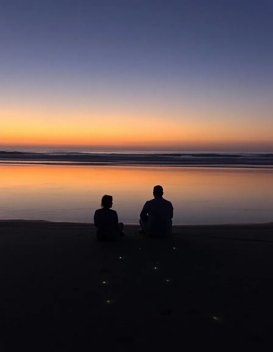 A couple sitting on Long Beach at dusk, their silhouettes against the orange sky. The first bioluminescent sparks are visible in the wet sand where waves just retreated.