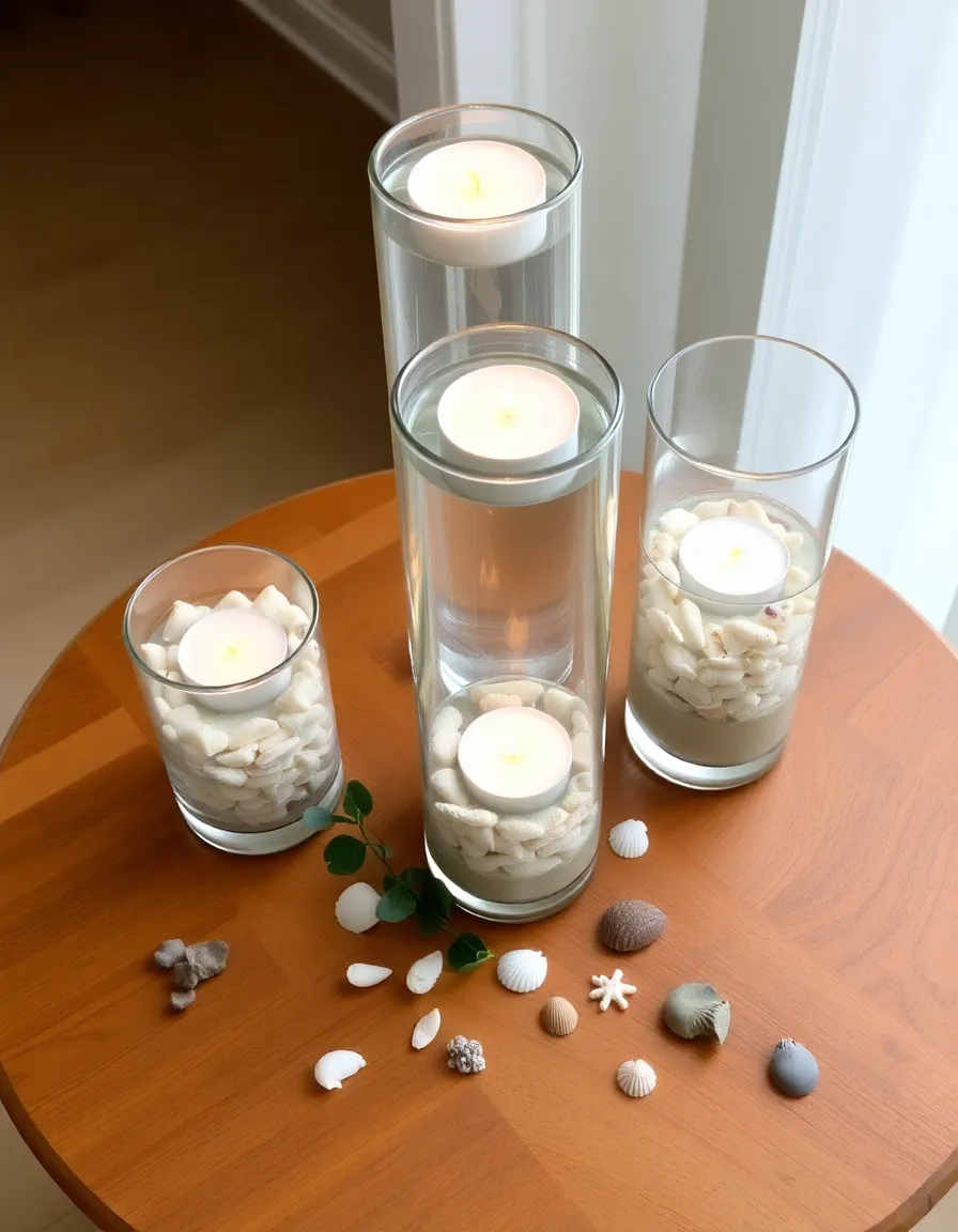 A round wooden table with three glass vases of varying heights, each filled with water, sand, and assorted seashells. Floating candles drift on the surface, their flames casting a warm glow. A few scattered shells and a sprig of eucalyptus complete the look.