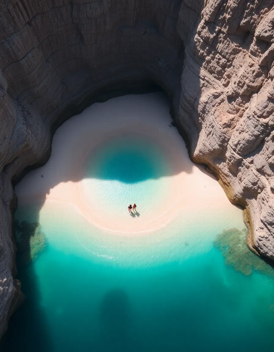 Aerial view of Hidden Beach, a circular oasis of sand surrounded by rocky walls, with a couple wading in the shallow turquoise water. Sunlight filters through the crater’s opening, creating a dramatic spotlight effect.