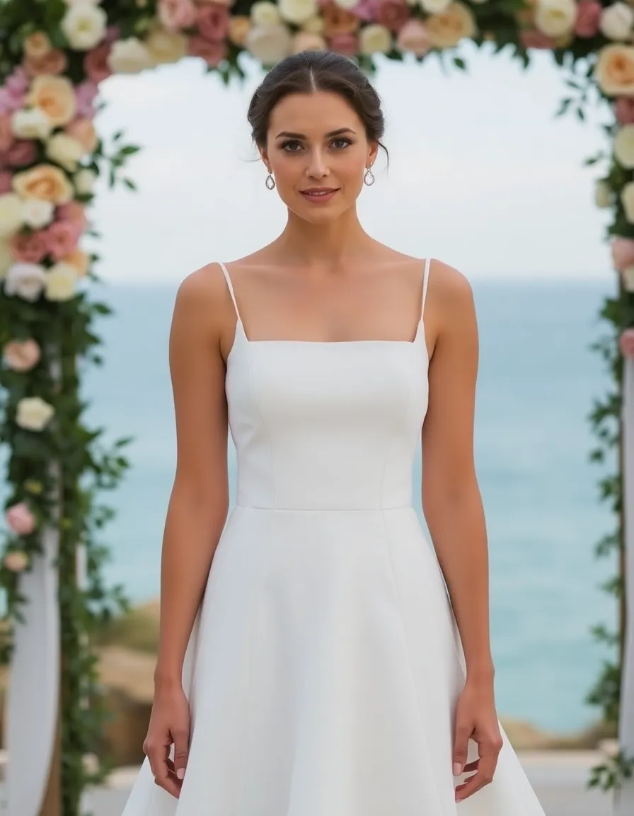 A bride in a square-neck wedding dress standing under a floral arch, the ocean visible behind her. The clean lines of the neckline contrast beautifully with the soft, flowing skirt.