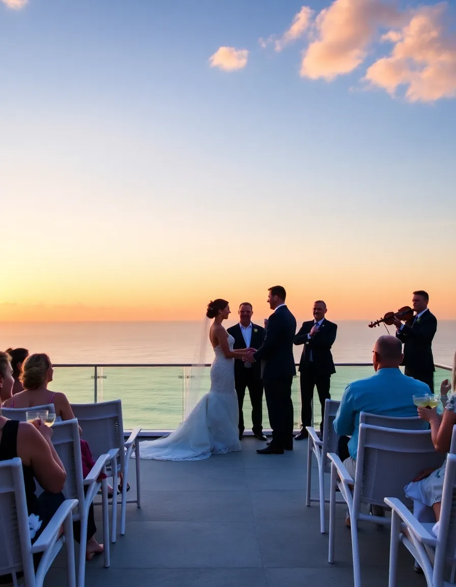 A rooftop wedding ceremony at Majestic Elegance, with the couple silhouetted against a sunset sky. The ocean stretches endlessly behind them, and a violinist plays nearby. Guests sit in white lounge chairs with cocktails in hand.