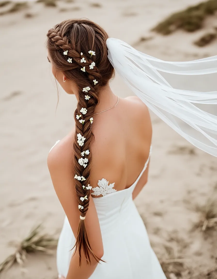 A bride with double Dutch braids, standing on a windy dune with her veil flowing behind her. The braids are adorned with small white flowers woven throughout.
