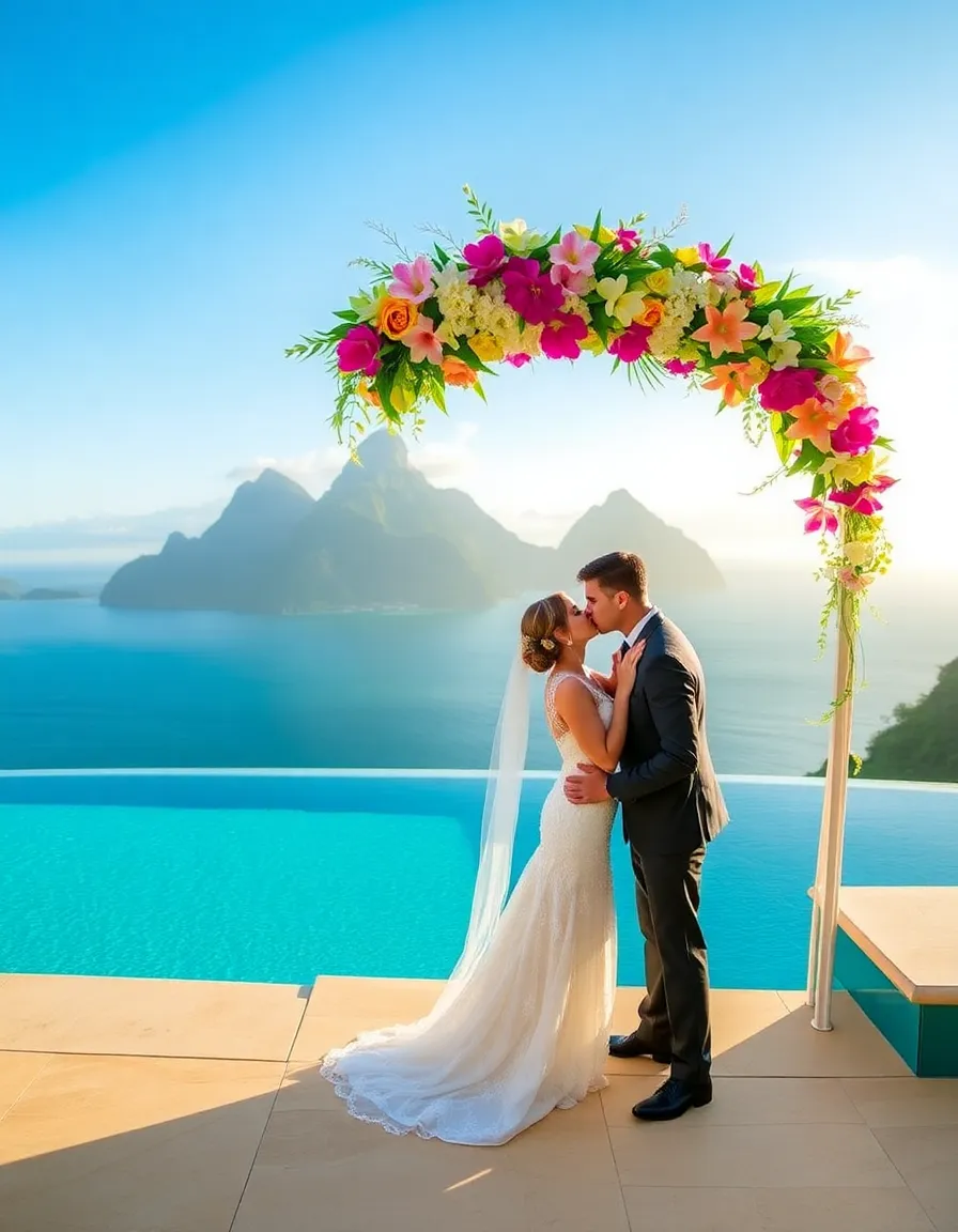 The Celestial Terrace at Jade Mountain, with its infinity pool blending into the Caribbean Sea. The Pitons rise dramatically in the background, and a couple shares a kiss under a floral arch adorned with tropical blooms.