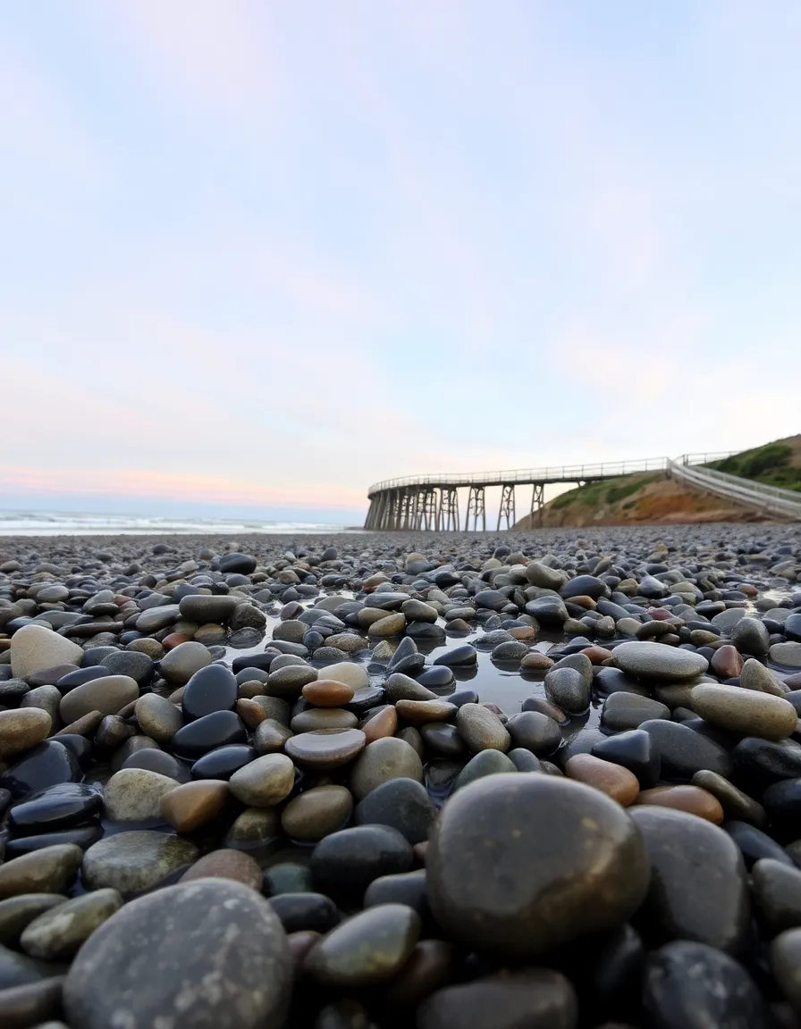 A serene shot of Moonstone Beach at sunrise, with wet pebbles glistening like jewels. The tide pools reflect the pastel sky, and a wooden boardwalk curves along the bluff in the background.