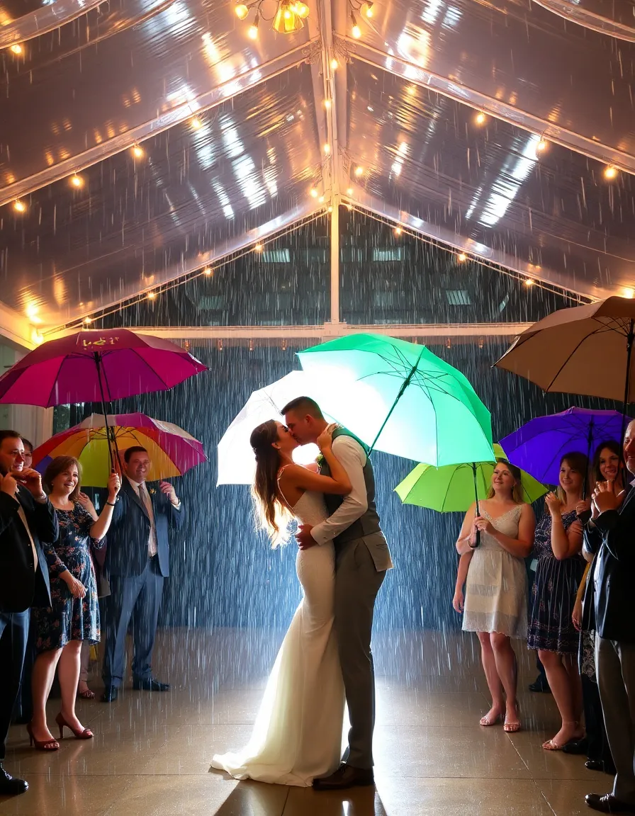 A couple sharing a kiss under a clear tent as rain pours outside, with string lights casting a warm glow. Guests are cozy inside, holding colorful umbrellas and laughing.