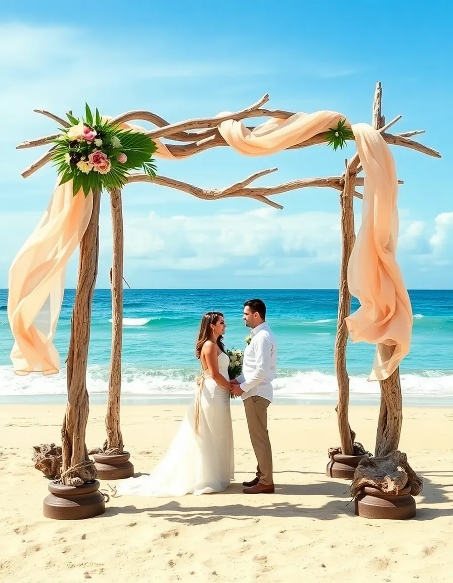 A sturdy driftwood wedding arch adorned with flowing fabric and tropical flowers, anchored by weighted bases buried in the sand. The couple stands beneath it, framed by the endless ocean behind them.
