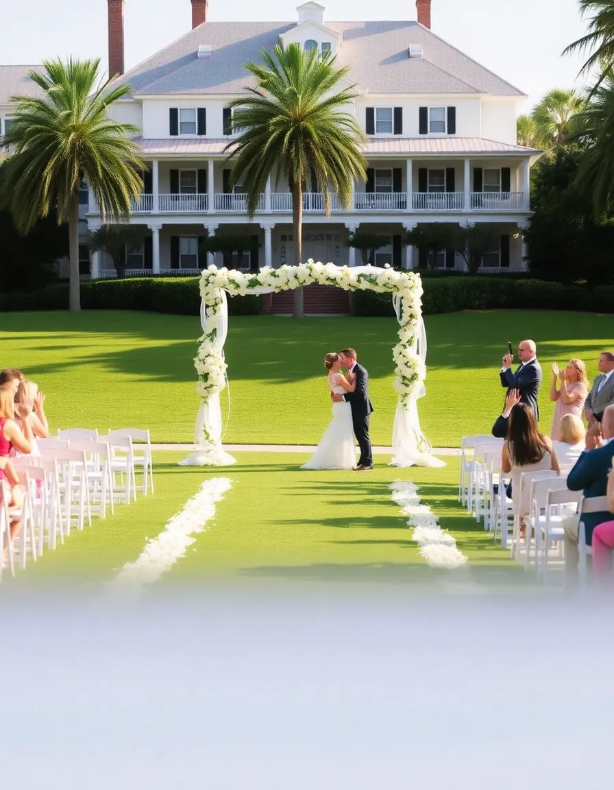 A manicured lawn leading down to a pristine beach, with a white floral arch set up for a ceremony. The historic Cotton House hotel stands in the background, its colonial architecture gleaming in the sunlight. A couple shares a kiss as guests cheer.