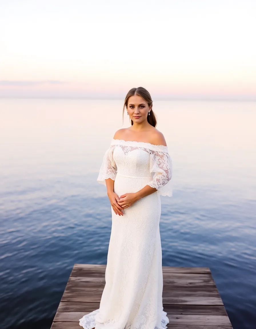A bride standing on a wooden dock in an off-shoulder lace dress, the sleeves softly billowing. The dress hugs her torso before flowing into a relaxed skirt. The water below reflects the pastel colors of the sky.