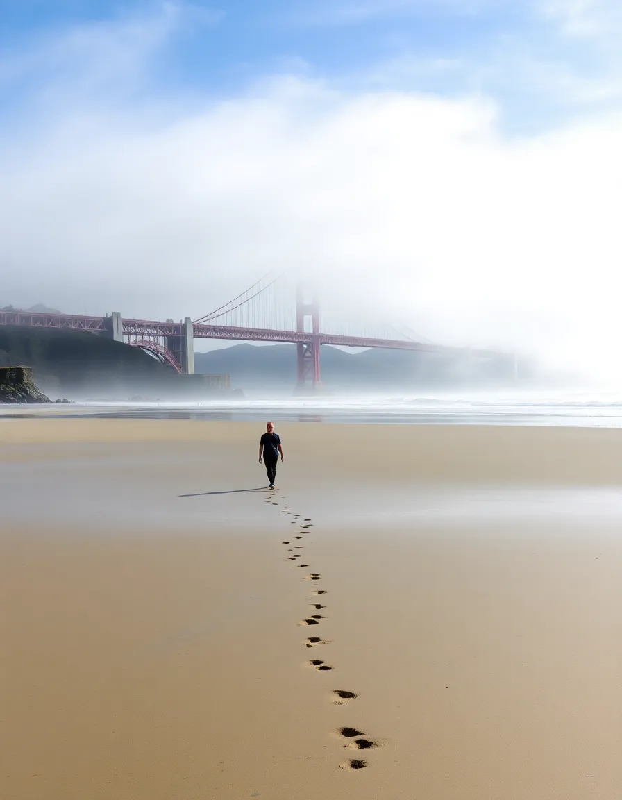 A panoramic view of Baker Beach with the Golden Gate Bridge towering in the background, partially shrouded in fog. A lone walker strolls along the shore, their footprints trailing behind them in the wet sand.