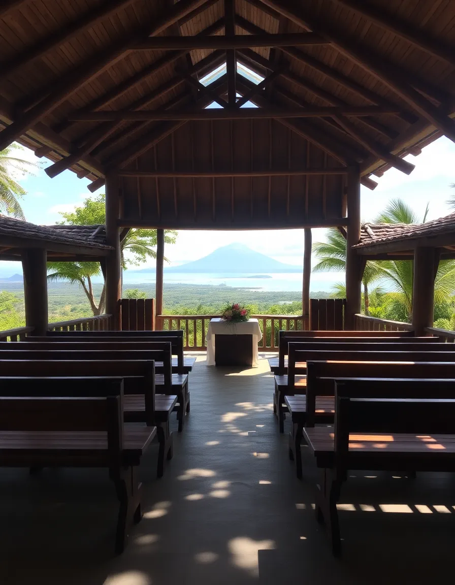 A rustic-chic open-air chapel with wooden beams and sweeping views of the Caribbean Sea and a misty volcano in the distance. Long wooden benches face a simple altar adorned with tropical flowers. Sunlight filters through the trees, casting dappled shadows on the ground.