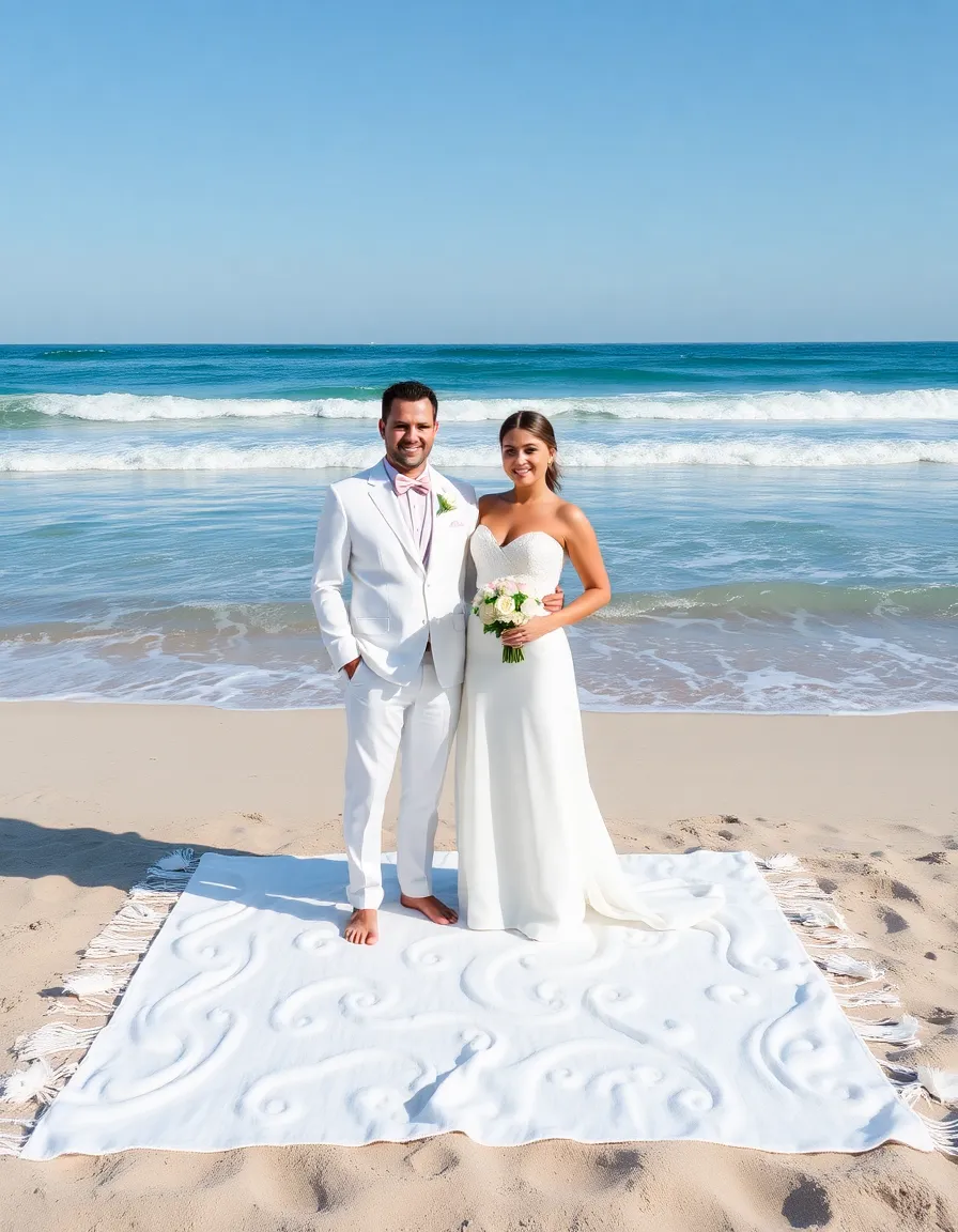 A bride and groom standing on a white rug, posing for photos with the ocean behind them. The rug contrasts beautifully with the sand, keeping their outfits clean.