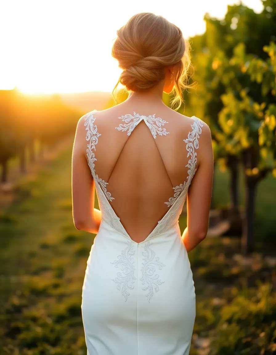 A bride in a fitted gown with a keyhole cut-out at the back and delicate lace detailing. She’s standing in a vineyard at golden hour, the sunlight highlighting the cut-out perfectly.