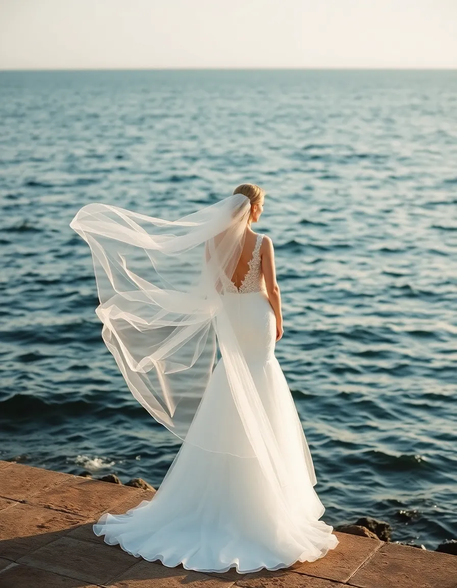 A bride in a wedding dress with a detachable train standing at the water’s edge, the train billowing behind her. As she turns, the train catches the wind, creating a breathtaking silhouette against the ocean.