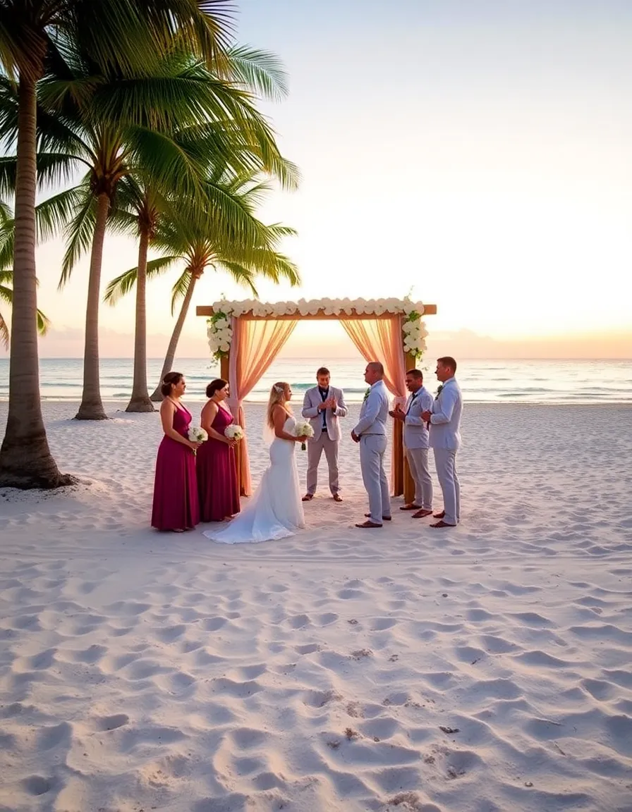 A sunset wedding on Iberostar’s wide, palm-lined beach, with a rustic wooden altar decorated with white orchids. The bridal party stands barefoot in the sand, and a mariachi band plays softly in the background.