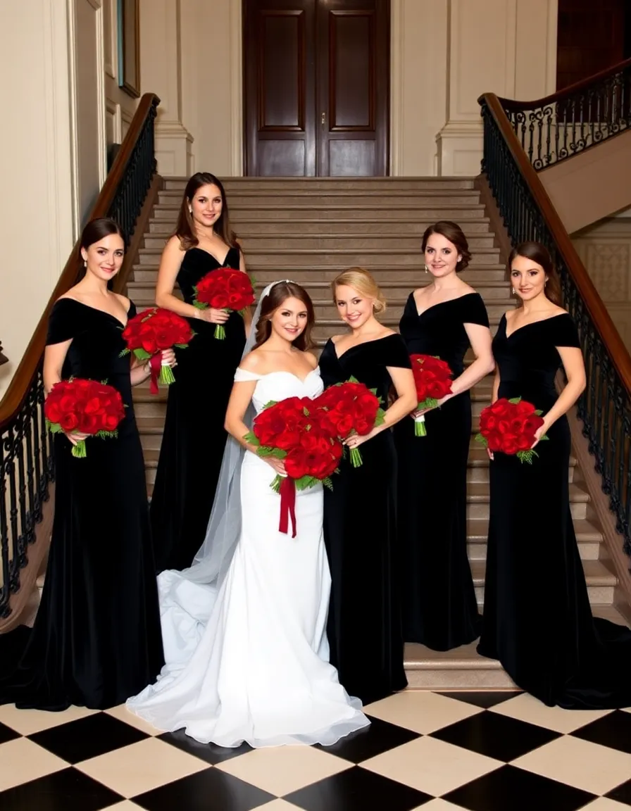 Bridesmaids in floor-length black velvet dresses holding lush red bouquets, posing on a grand staircase. The contrast between the dark dresses and vibrant flowers is stunning.
