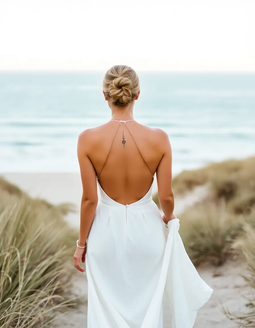 A bride walking away from the camera in a halter-neck dress, the deep back cutout revealing a delicate sun tattoo. The skirt flows loosely, brushing against dune grass. The ocean stretches endlessly behind her.