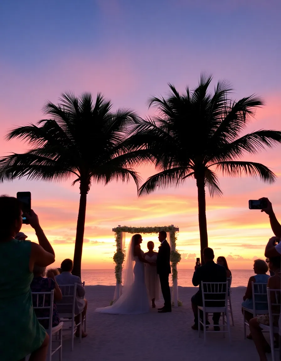 A sunset wedding on Riu Palace Aruba’s beach, with the iconic Divi Divi trees framing the scene. The bride and groom hold hands as the sky turns pink and orange, and guests snap photos with their phones.