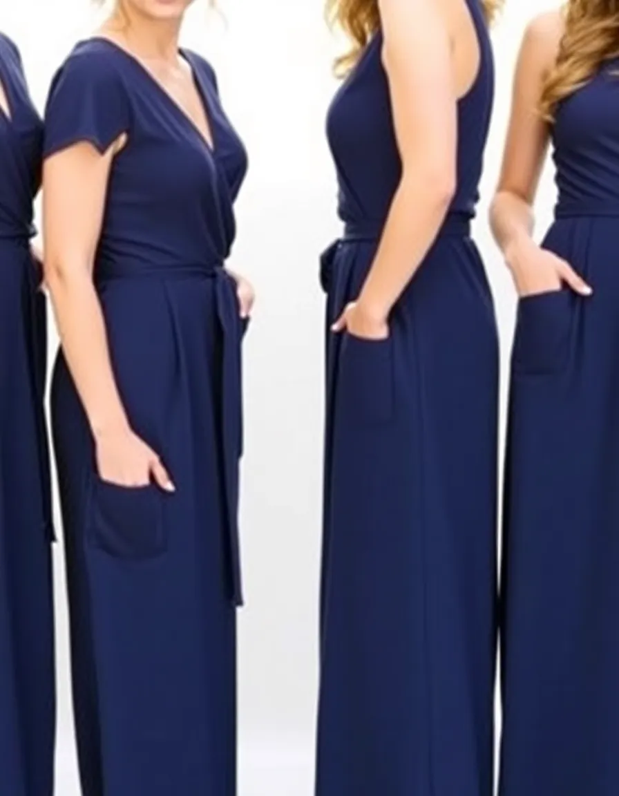 Bridesmaids in navy blue wrap dresses with pockets posing with their hands casually tucked in. The relaxed stance and functional detail add a touch of effortless cool.
