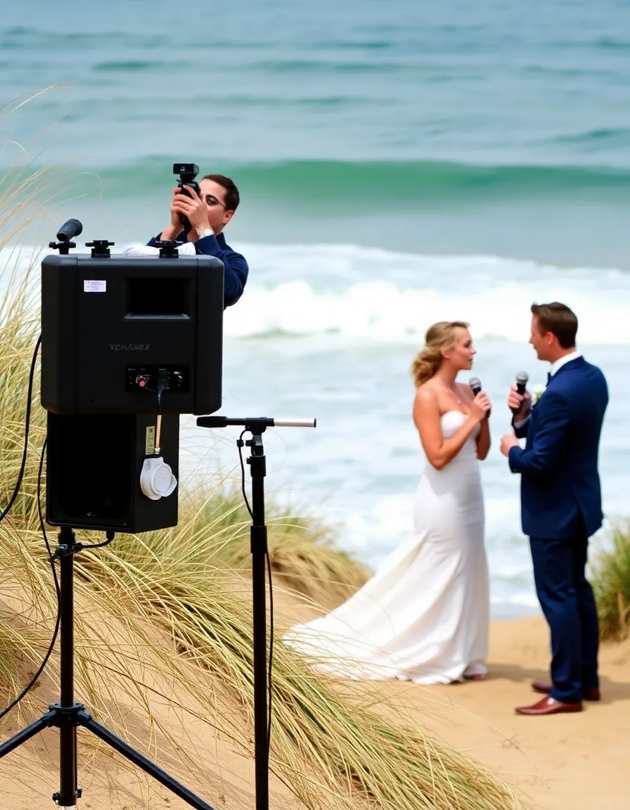 A sound technician adjusting a sturdy, weatherproof speaker system tucked discreetly behind a dune. The bride and groom stand at the altar, microphones in hand, as waves crash dramatically behind them.
