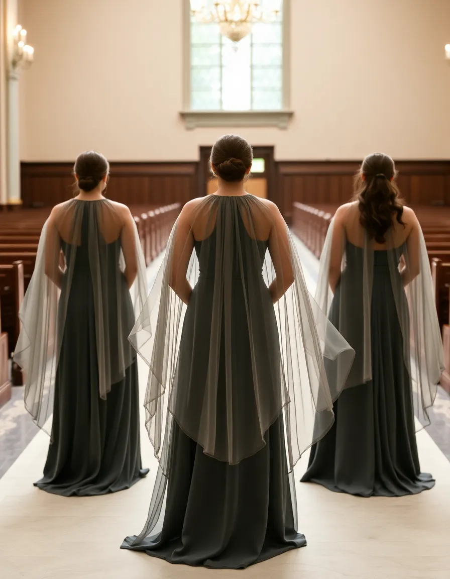 Bridesmaids in slate gray dresses with long, sheer capes standing at the end of a grand aisle. The capes flow behind them, creating a dramatic, almost cinematic effect.