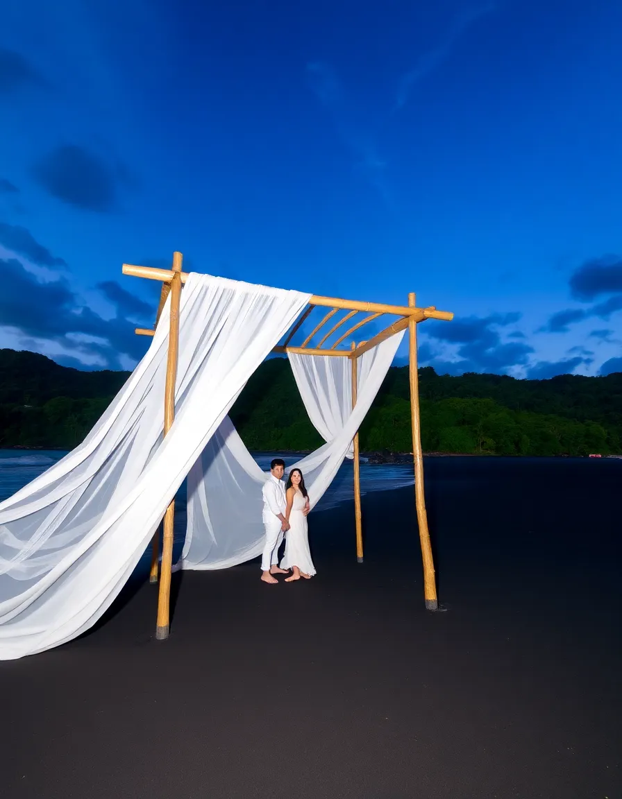 A bamboo structure draped with flowing white fabric, standing on a black sand beach with emerald-green rainforest in the background. A couple holds hands beneath the structure as waves gently lap the shore. The sky is a mix of twilight blues and purples.