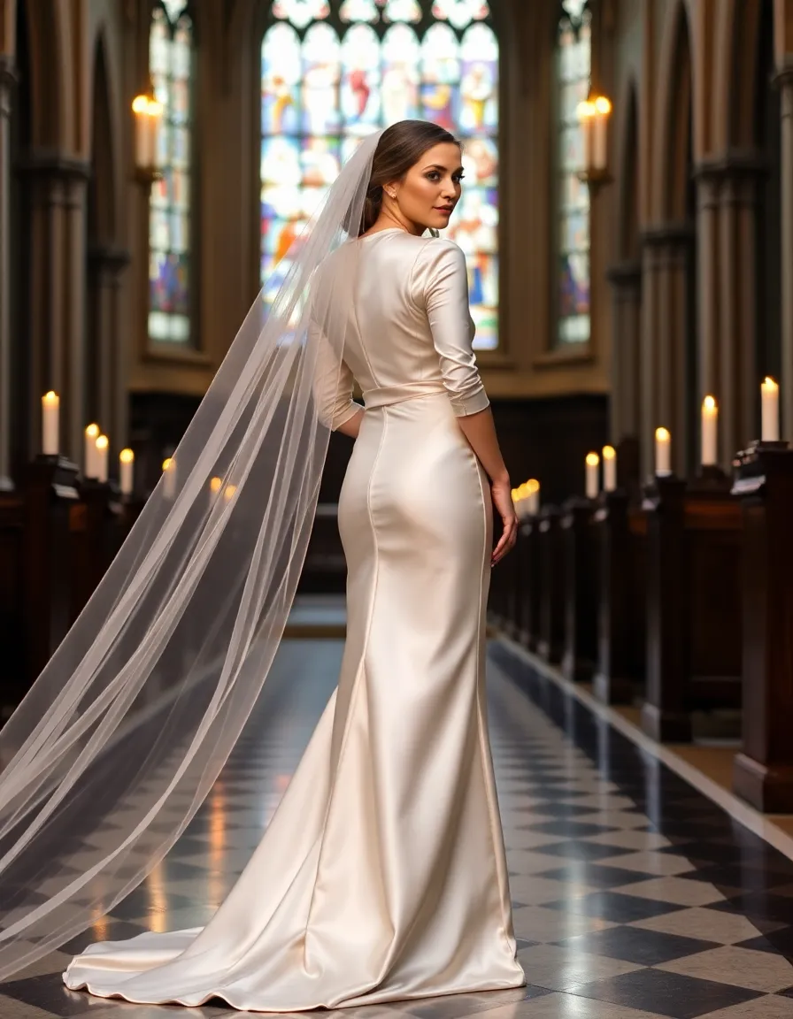 A bride in a high-neck ivory satin gown with long sleeves, standing in a candlelit cathedral. The fabric gleams under the soft light, and her veil trails behind her. The stained-glass windows cast colorful reflections on the floor.