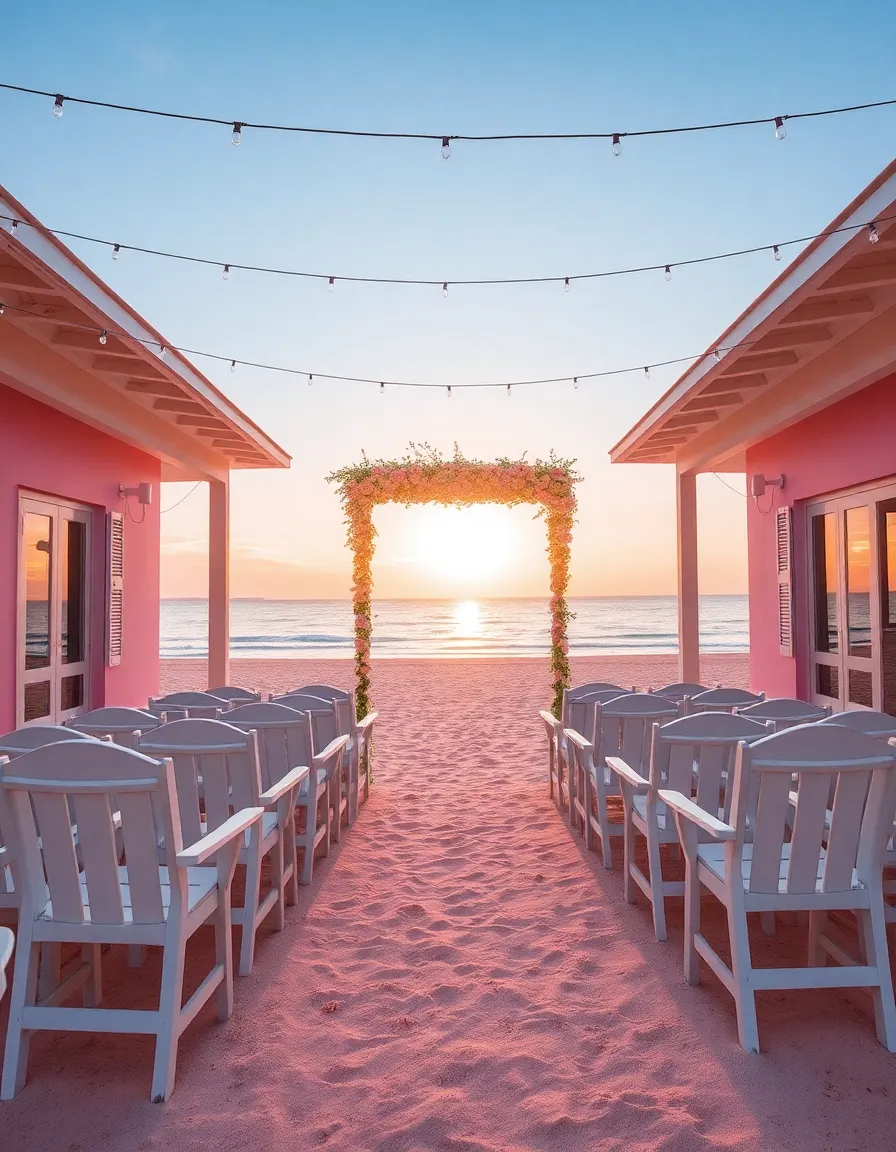 A pastel-pink beachfront terrace with white wooden chairs facing the ocean. A floral arch stands at the center, framed by the famous pink sand of Harbour Island. Fairy lights twinkle above as the sun sets, casting a warm glow over the scene.