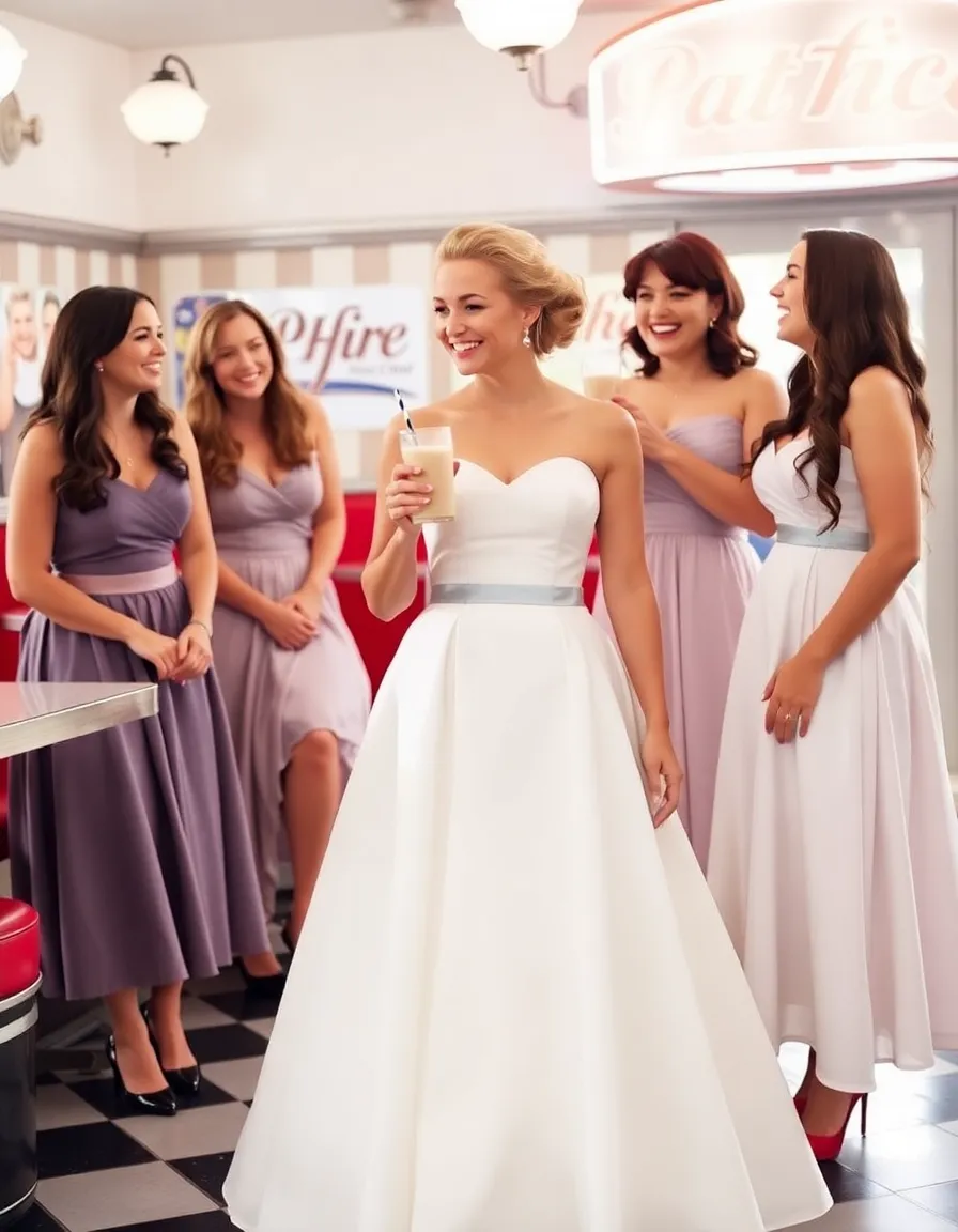 A bride in a 1950s-inspired tea-length wedding dress with a sweetheart neckline and a full skirt. She’s standing in a retro diner, holding a milkshake and laughing with her bridesmaids.