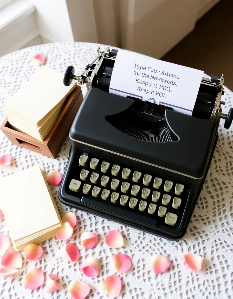 A vintage typewriter on a lace-covered table, with a small sign that says, "Type Your Advice for the Newlyweds—Keep It PG, Please!" A stack of cream-colored cards and a wooden box sit beside it, surrounded by scattered rose petals.